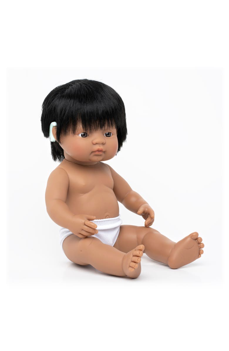 Miniland Baby Doll Hispanic Boy With Hearing Aid 15'', Main, color, Dark Skin