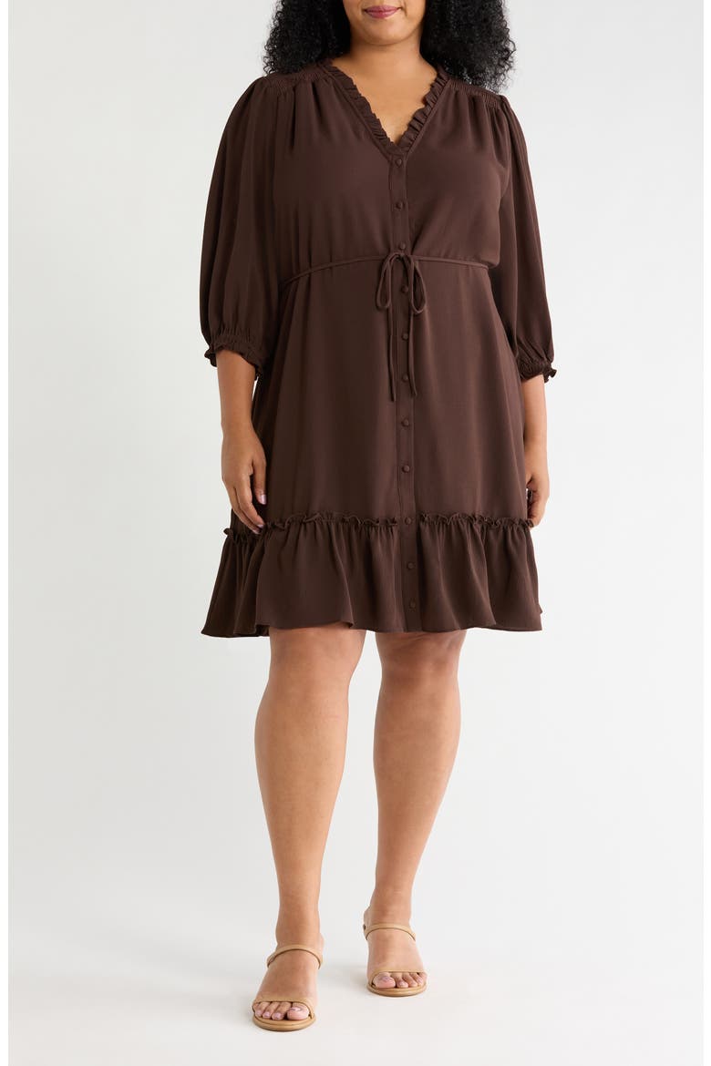 Ruffle Trim Button-Up Dress, Main, color, COFFEE BEAN