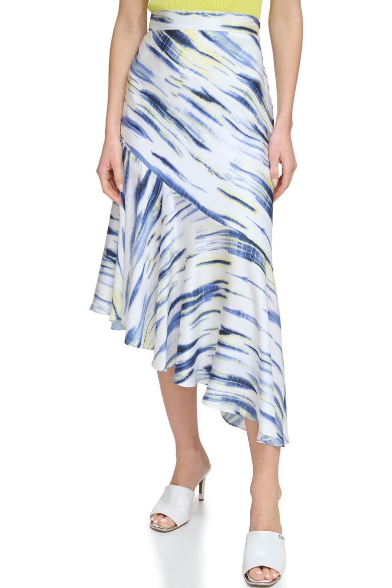 Printed Asymmetric Satin Midi Skirt, Main, color, WHITE/ INKY BLUE MULTI