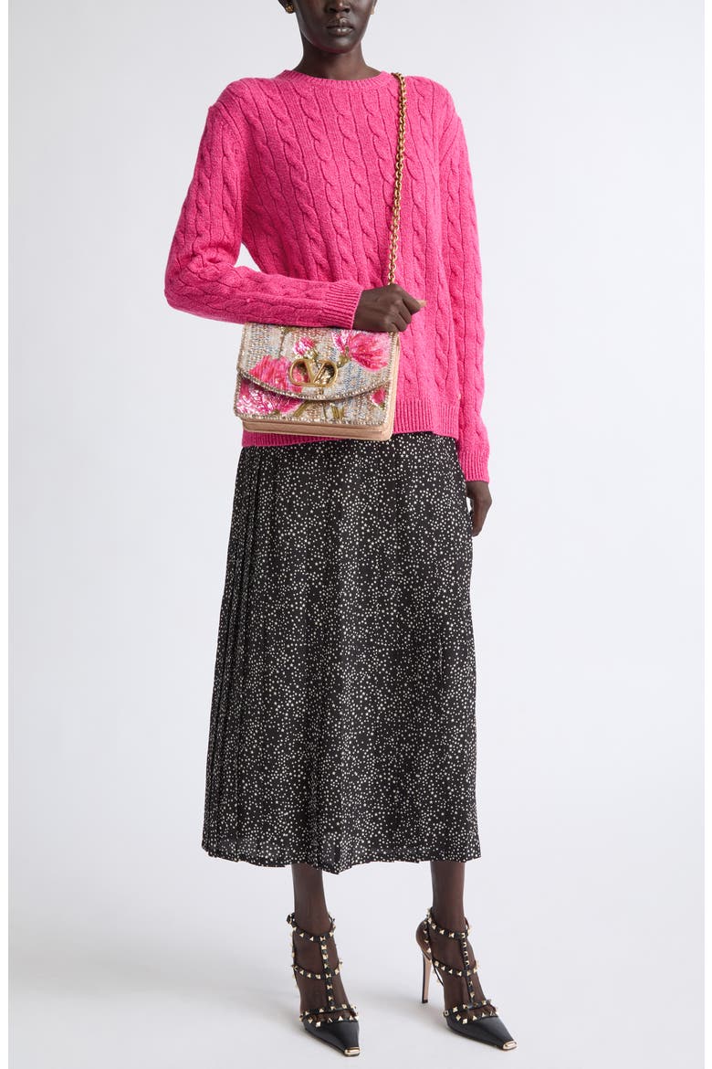 Cable Knit Wool Crewneck Sweater, Alternate, color, PINK