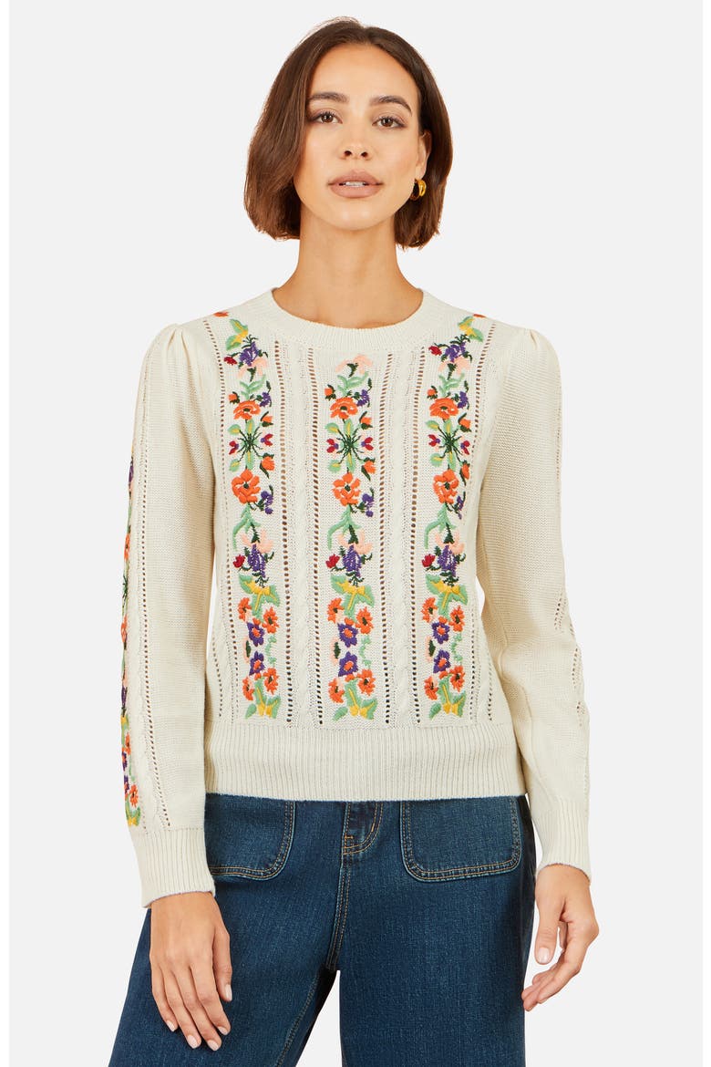 Floral Embroidery Cable Jumper, Alternate, color, Ivory