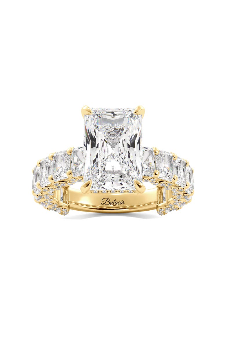Balacia Radiant Cut Iced Out Engagement Ring with Radiant Cut Side Diamonds, Main, color, Yellow Gold