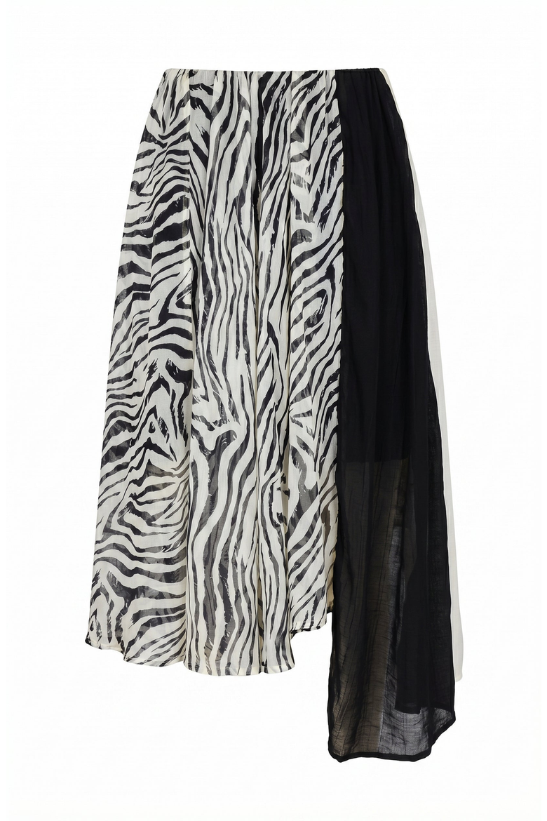 Printed Sheer Overlay Asymmetrical Panel Midi Skirt, Alternate, color, Black