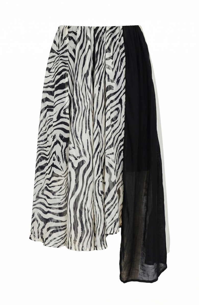 Modenaire Printed Sheer Overlay Asymmetrical Panel Midi Skirt, Alternate, color, Black