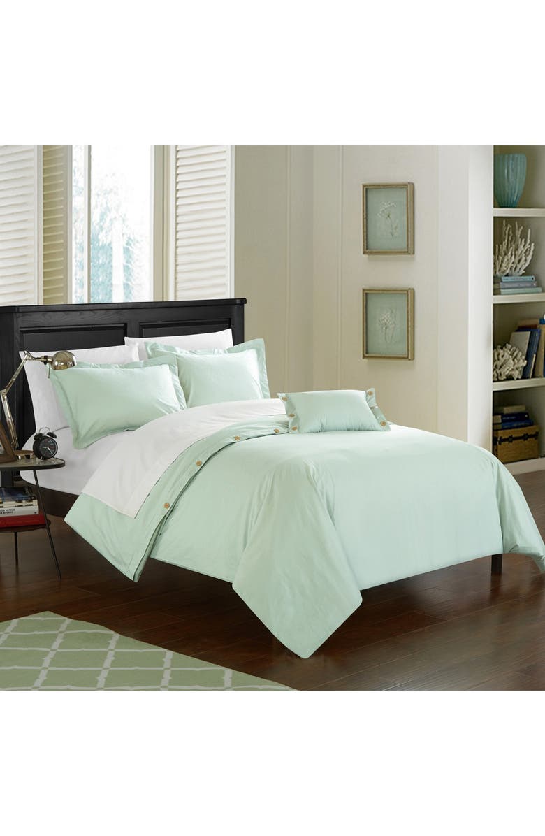CHIC Aqua Odin 200 Thread Count Twill Weave Button Detail Queen Duvet Cover 4-Piece Set, Alternate, color, 