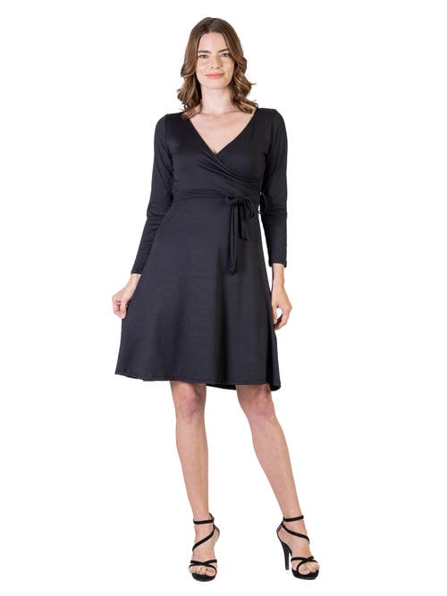 24seven Comfort Apparel Chic V-neck Long Sleeve Belted Dress In Blue