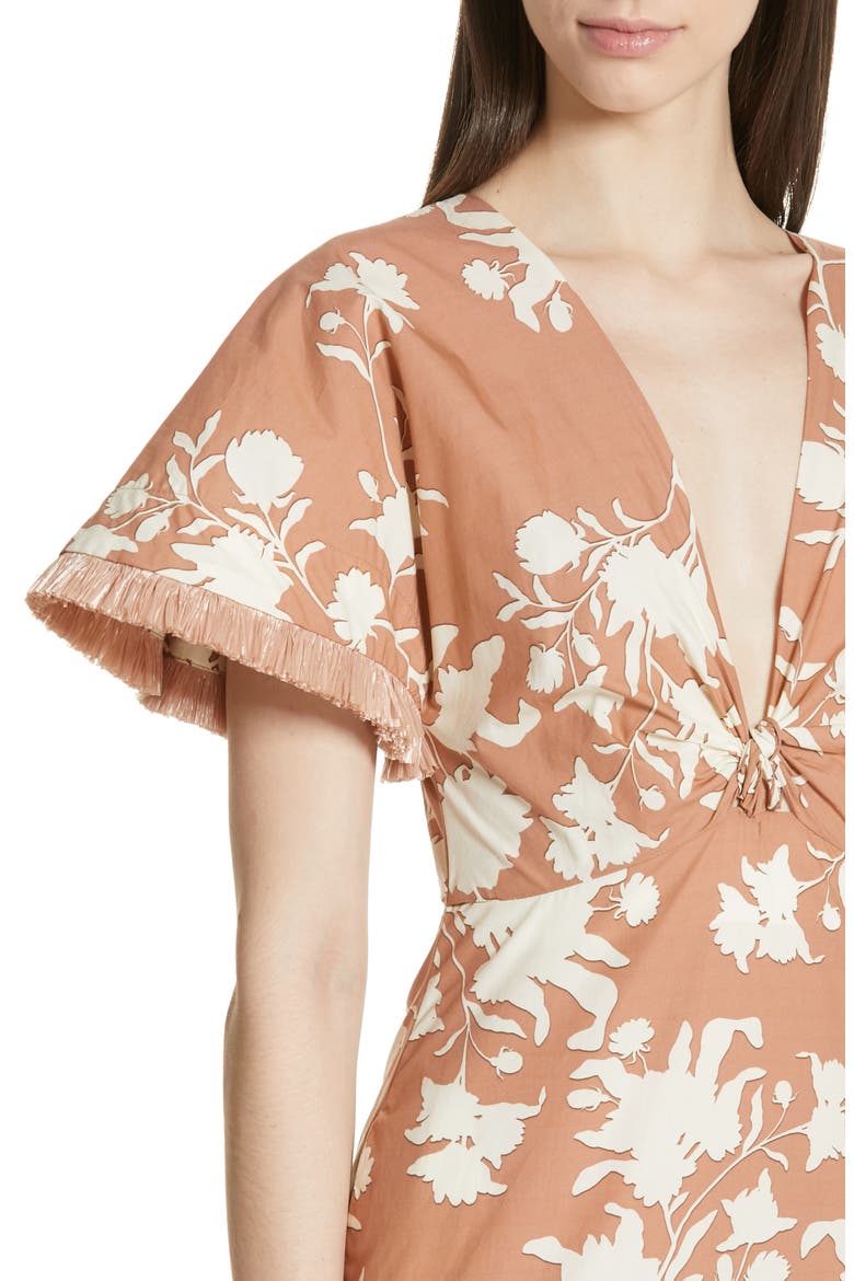 Tea House Raffia Trim Floral Print Dress, Alternate, color, CAMEL/ ECRU
