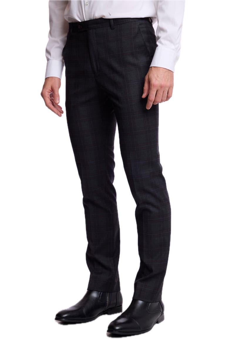 Slim Downing Plaid Mid Rise Pants, Alternate, color, CHARCOAL BURGUNDY PLAID