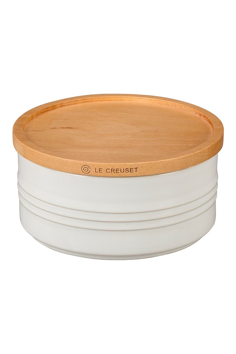 Glazed Stoneware 23 Ounce Storage Canister with Wooden Lid, Main, color, WHITE