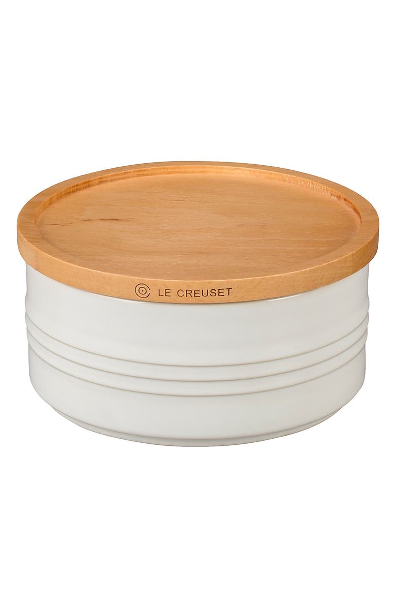Le Creuset Glazed Stoneware 23 Ounce Storage Canister with Wooden Lid, Main, color, White