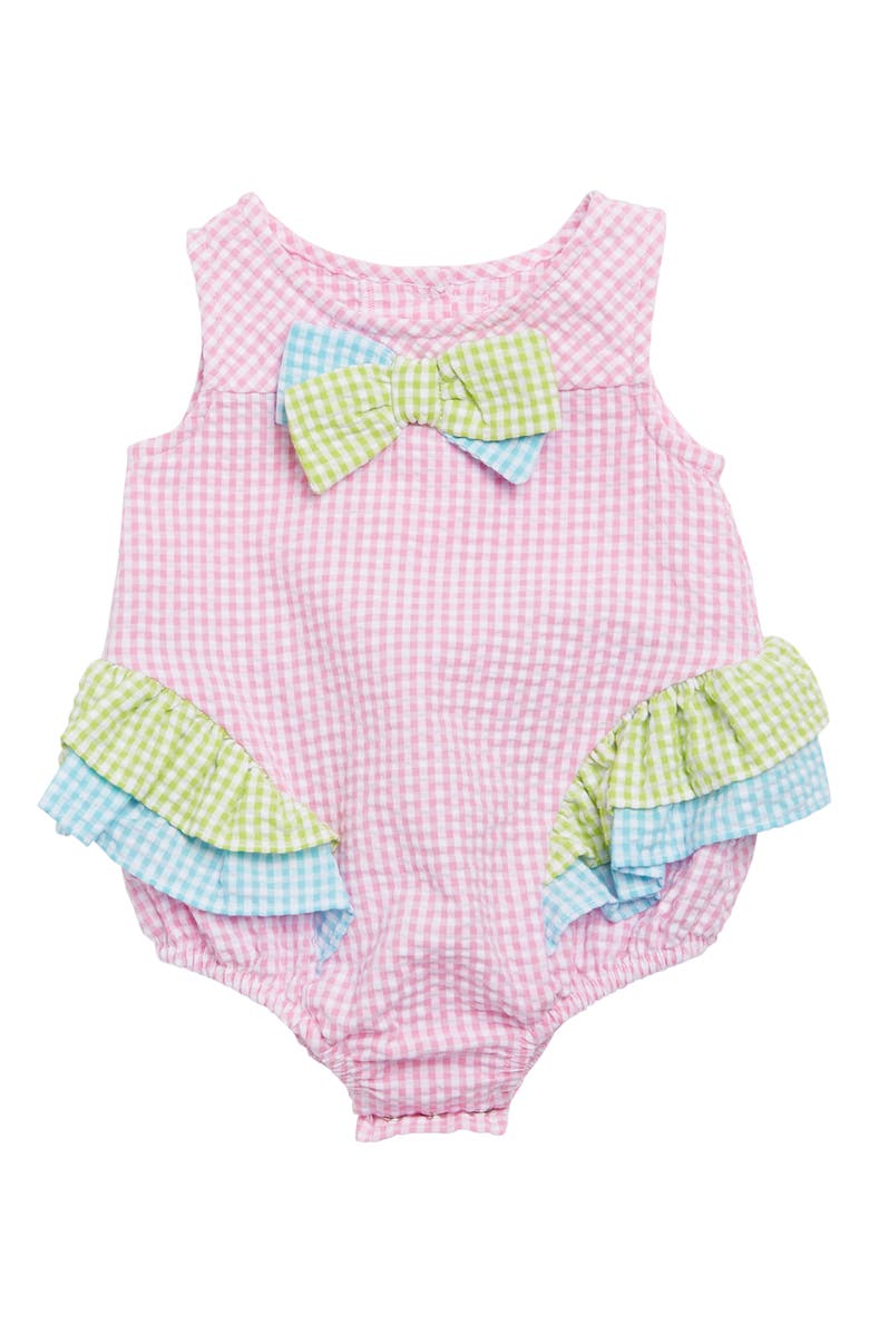 Bonnie Jean Gingham Colorblock Bubble Romper, Main, color, Pink