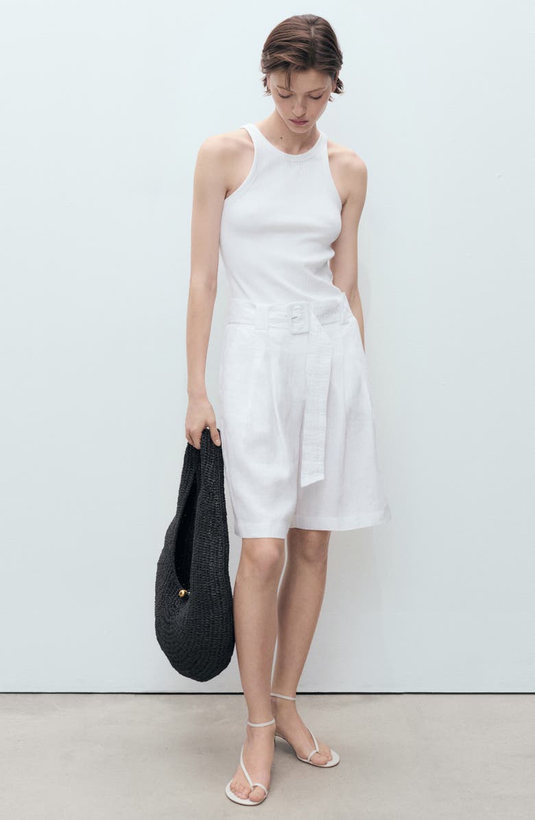 MANGO Belted Linen Bermuda Shorts, Alternate, color, White