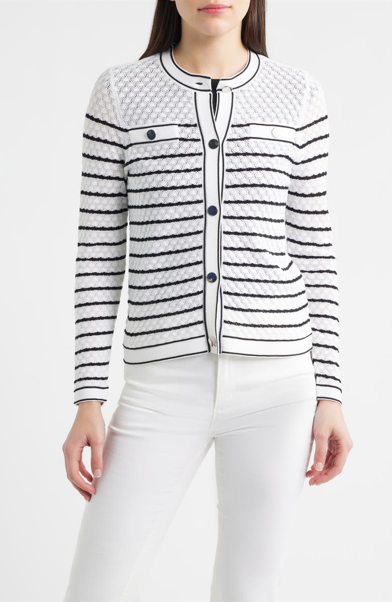 Anne Klein Stripe Stitch Detail Cardigan, Main, color, Crspwht/ Anneblack