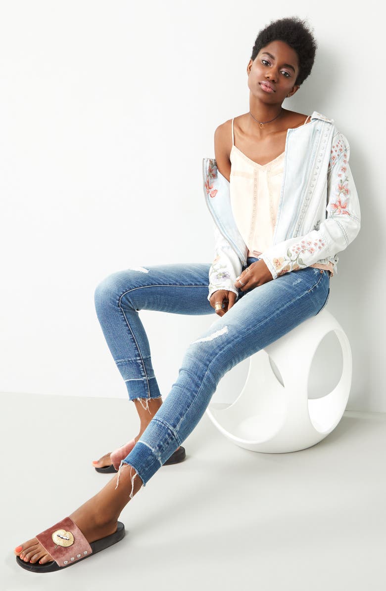 BLANKNYC Embroidered Denim Moto Jacket, Main, color, 