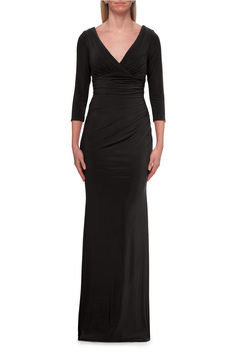 V-Neck Ruched Gown with Three-Quarter Sleeves, Main, color, Black