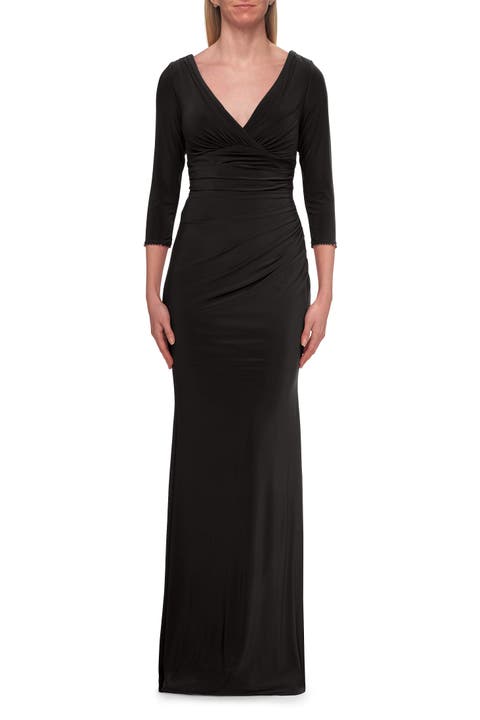 V-Neck Ruched Gown with Three-Quarter Sleeves