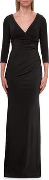 La Femme V-Neck Ruched Gown with Three-Quarter Sleeves