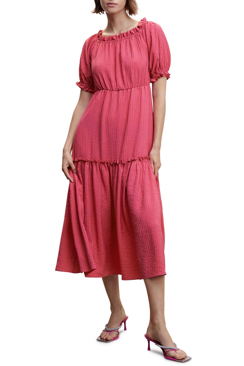 Puff Sleeve Tiered Midi Dress, Main, color, FUCHSIA