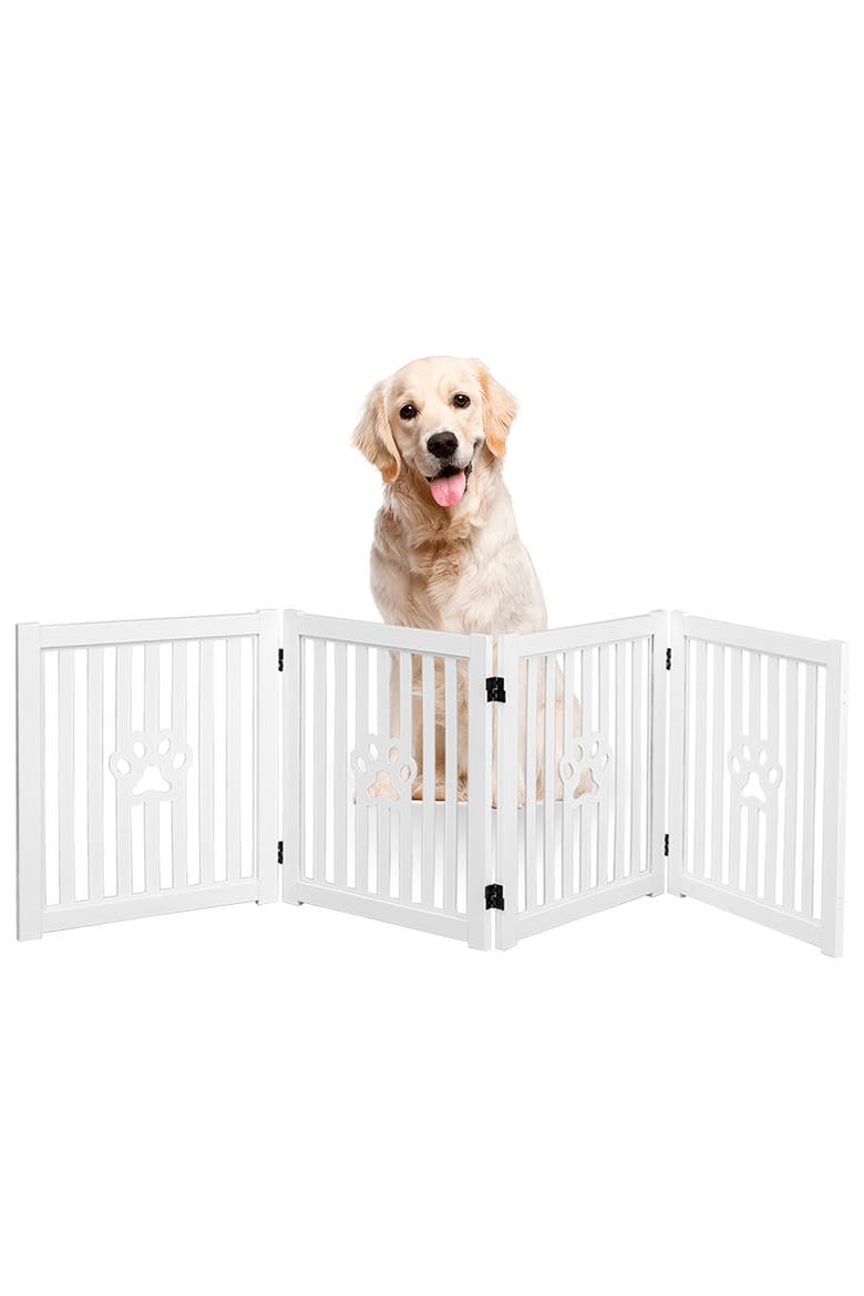 4 Panel Dog Gate White Foldable Wooden, Alternate, color, Multicolored