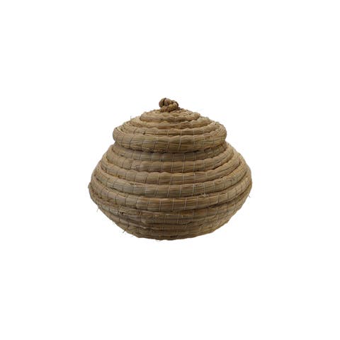 Woven Straw Basket with Lid, Natural