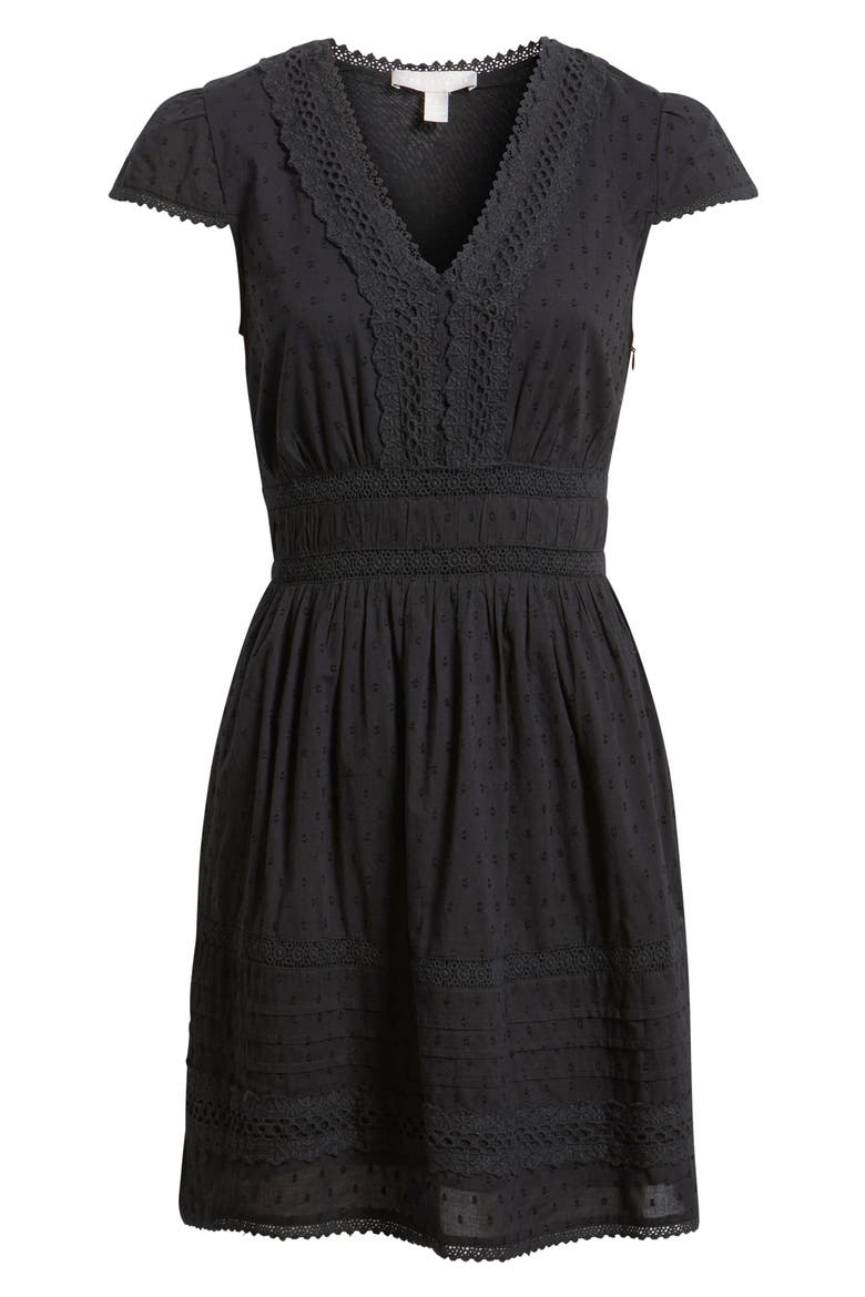 Lace Detail Clip Dot Minidress, Alternate, color, BLACK