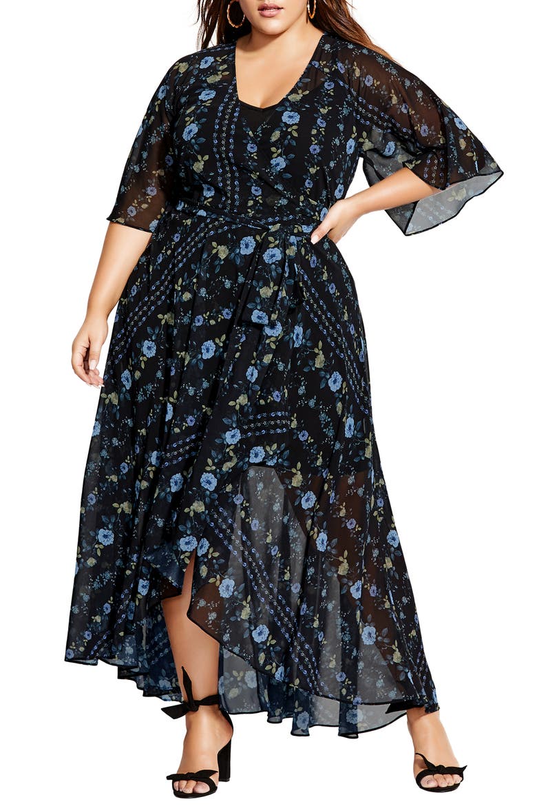 Floral Print Wrap Maxi Dress, Main, color, SHADOW STRIPE