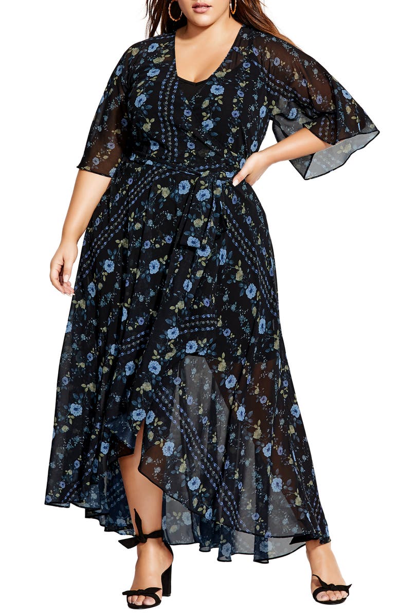 City Chic Floral Print Wrap Maxi Dress, Main, color,