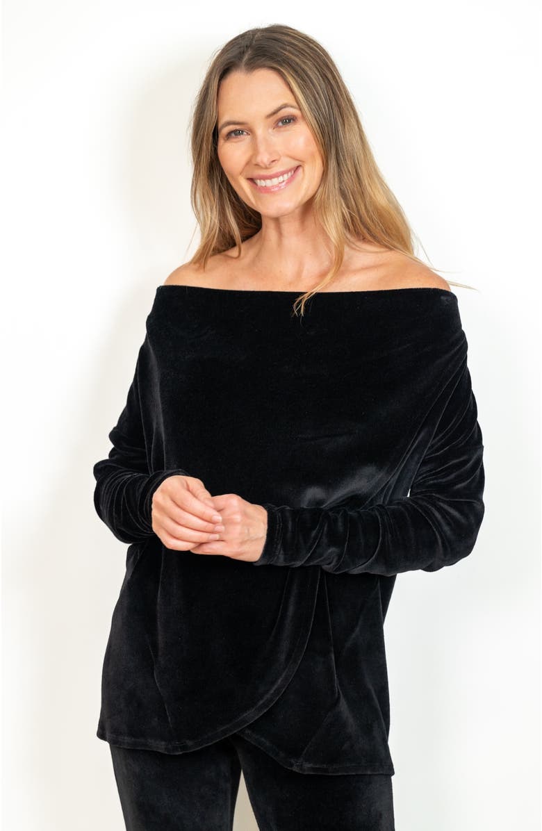 JJwinks Sweater Weather Built-In Shelf Off-The-Shoulder Velour Long Sleeve Top, Main, color, Black