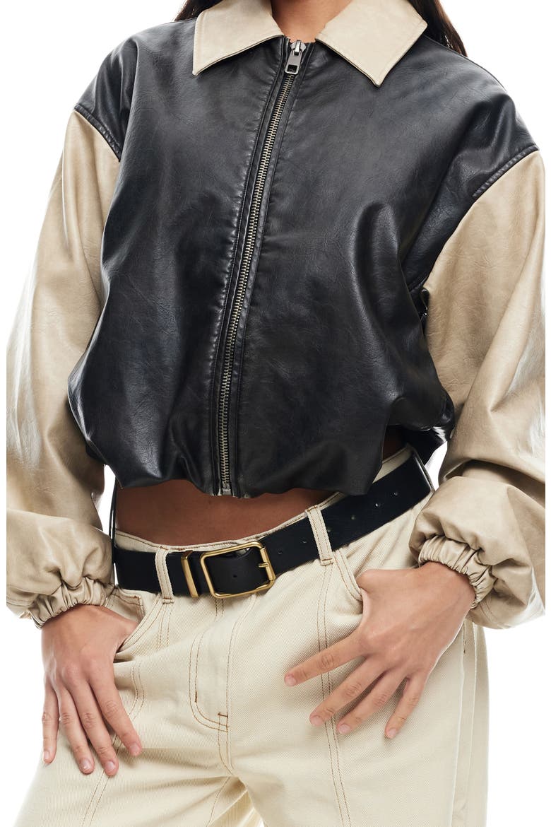 Nirvana Colorblock Faux Leather Bomber Jacket, Alternate, color, CAMEL