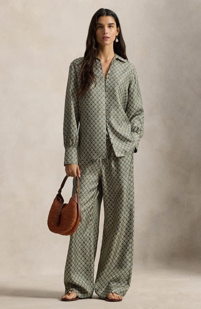 Polo Ralph Lauren Print Wide Leg Silk Pants, Alternate, color, Wood Block Spikey Flower