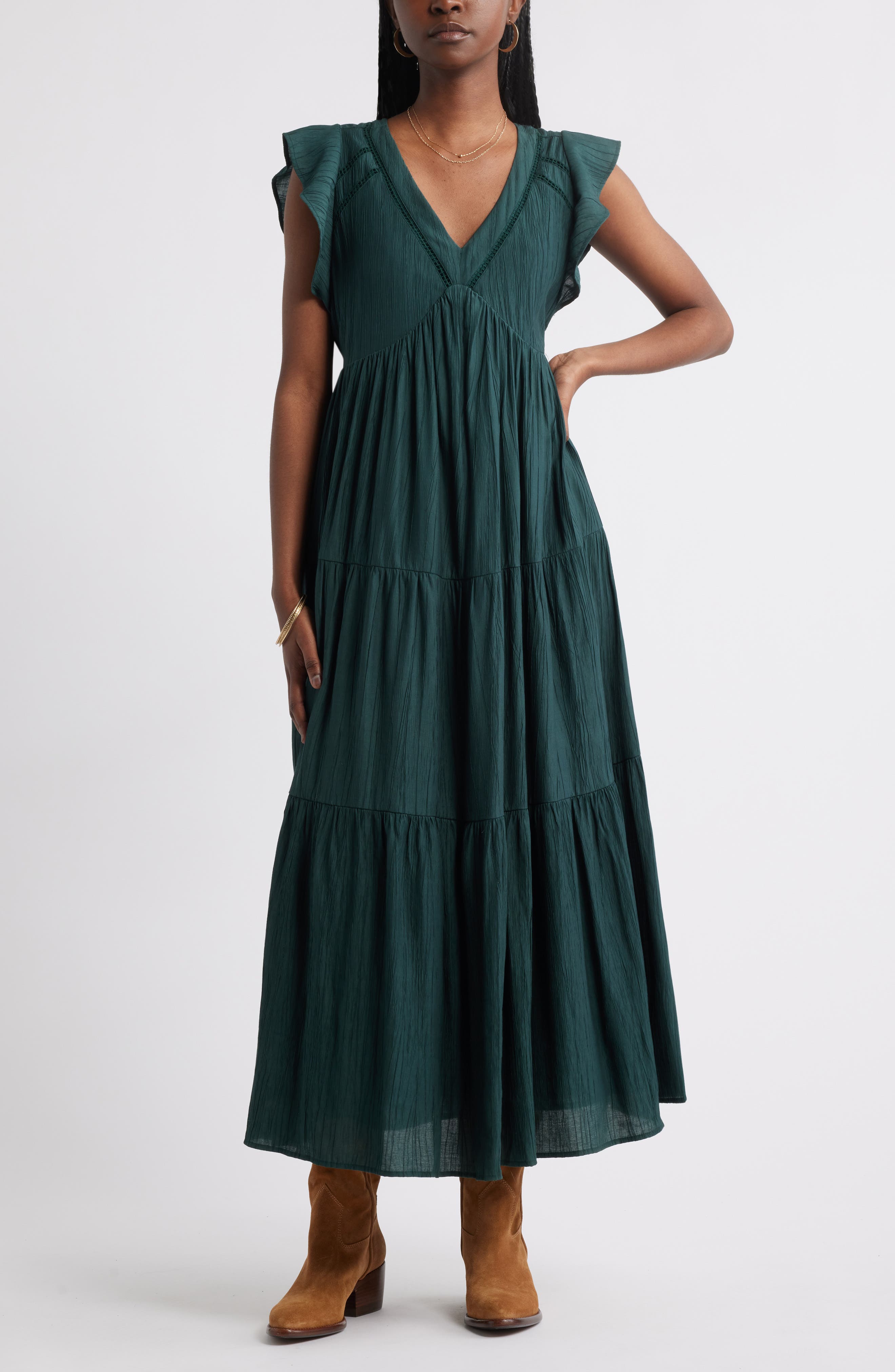 Treasure & Bond Crinkle Finish Flutter Sleeve Maxi Dress
