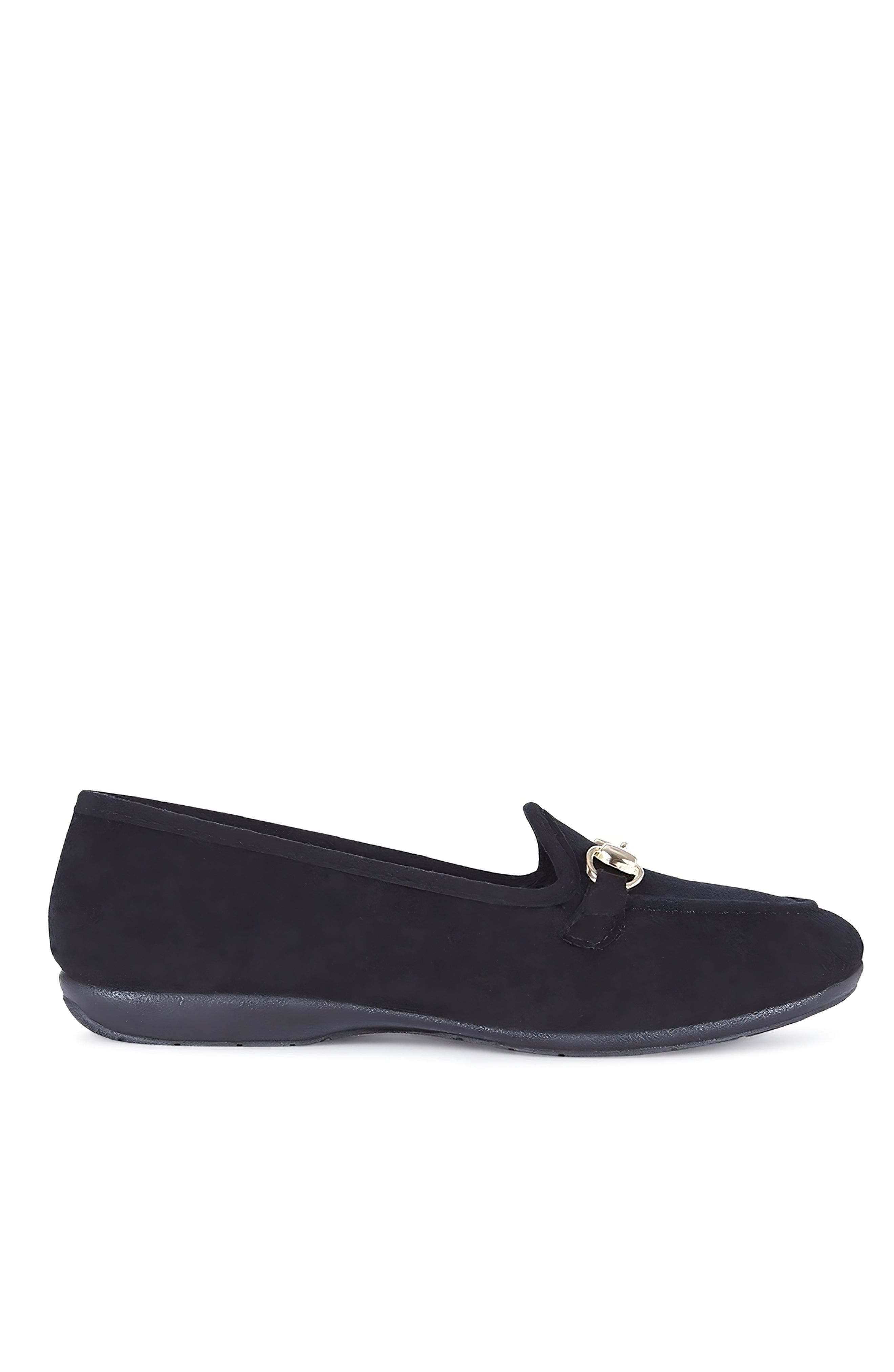 Menina Step Royal Suede Buckle Slipper, Main, color, Black