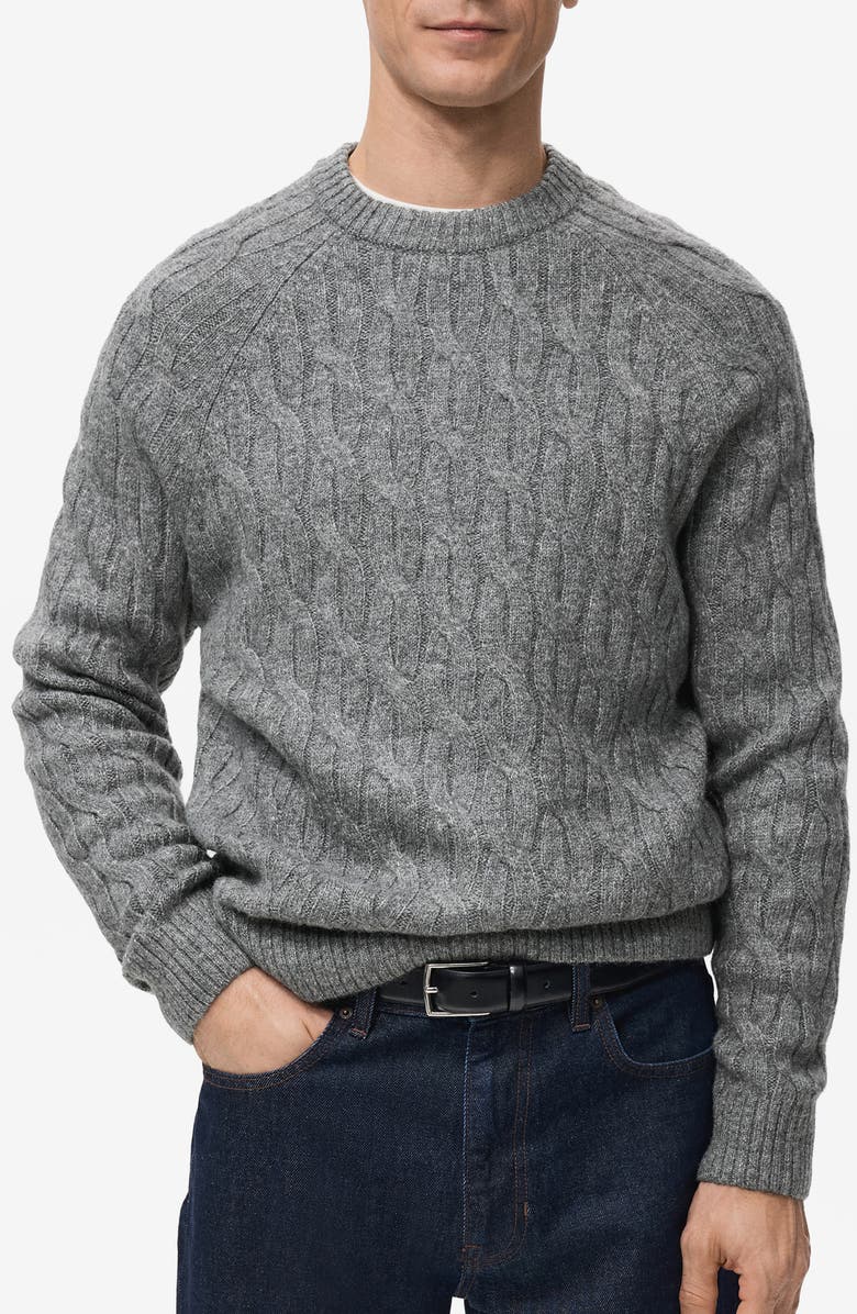 MANGO Cable Crewneck Sweater, Main, color, Grey