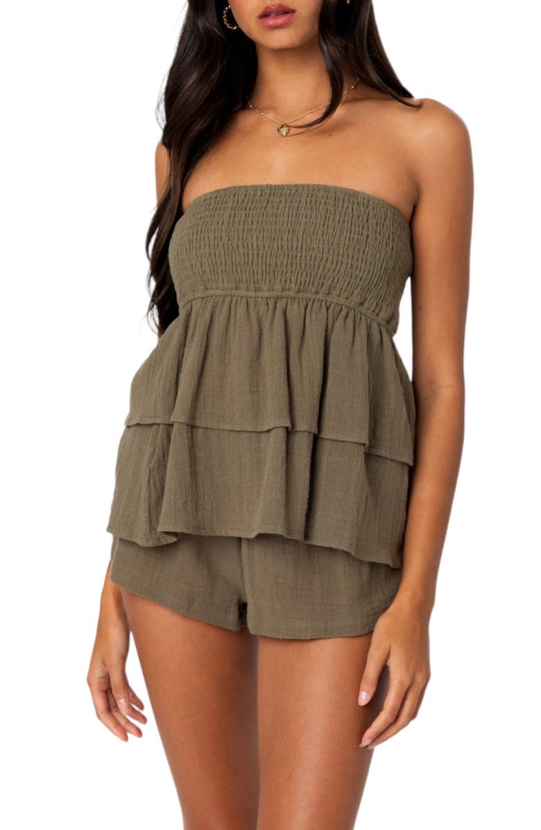 EDIKTED Harleigh Strapless Smocked Top, Main, color, Olive