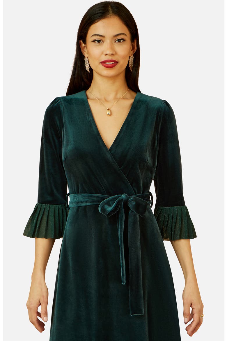Velvet Wrap V-Neck Midi Dress, Alternate, color, Green