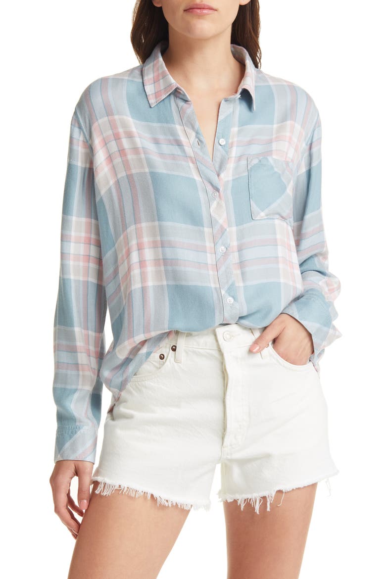Hunter Plaid Button-Up Shirt, Main, color, AGAVE ROSE SAND