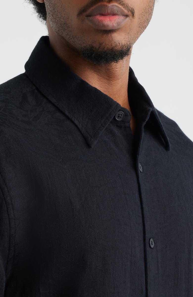 Open Edit Dune Oversize Short Sleeve Wool Blend Jacquard Button-Up Shirt, Alternate, color, Black