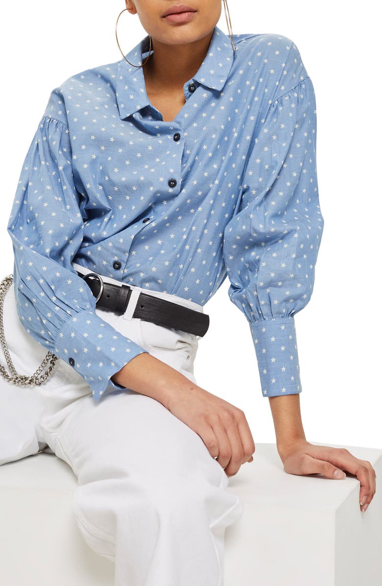 Topshop Star Print Chambray Shirt, Main, color, Blue Multi