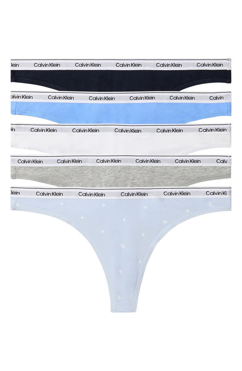 Calvin Klein Assorted 5-Pack Cotton Blend Thongs, Main, color, Shoreline/Blue/ White/Gh/Blu