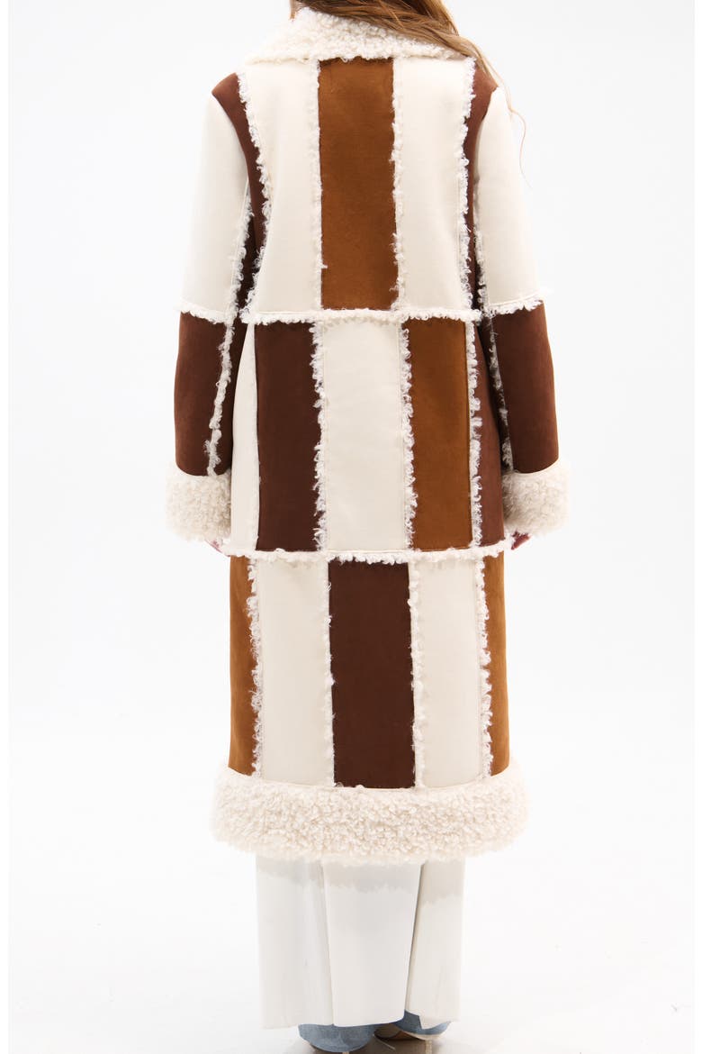 Telluride Longline Patchwork Coat with Faux Fur Collar, Alternate, color, BROWN MULTI