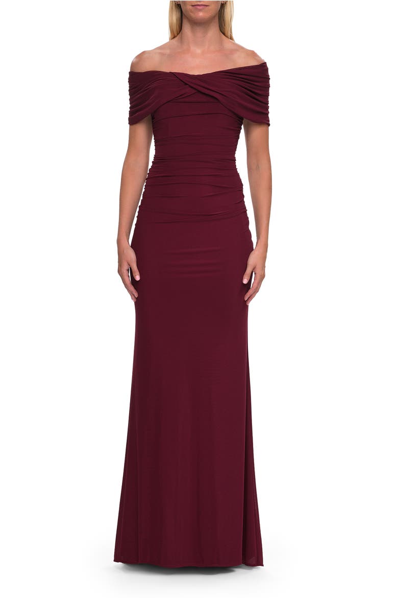 Off-the-Shoulder Draped Jersey Gown, Main, color, Wine