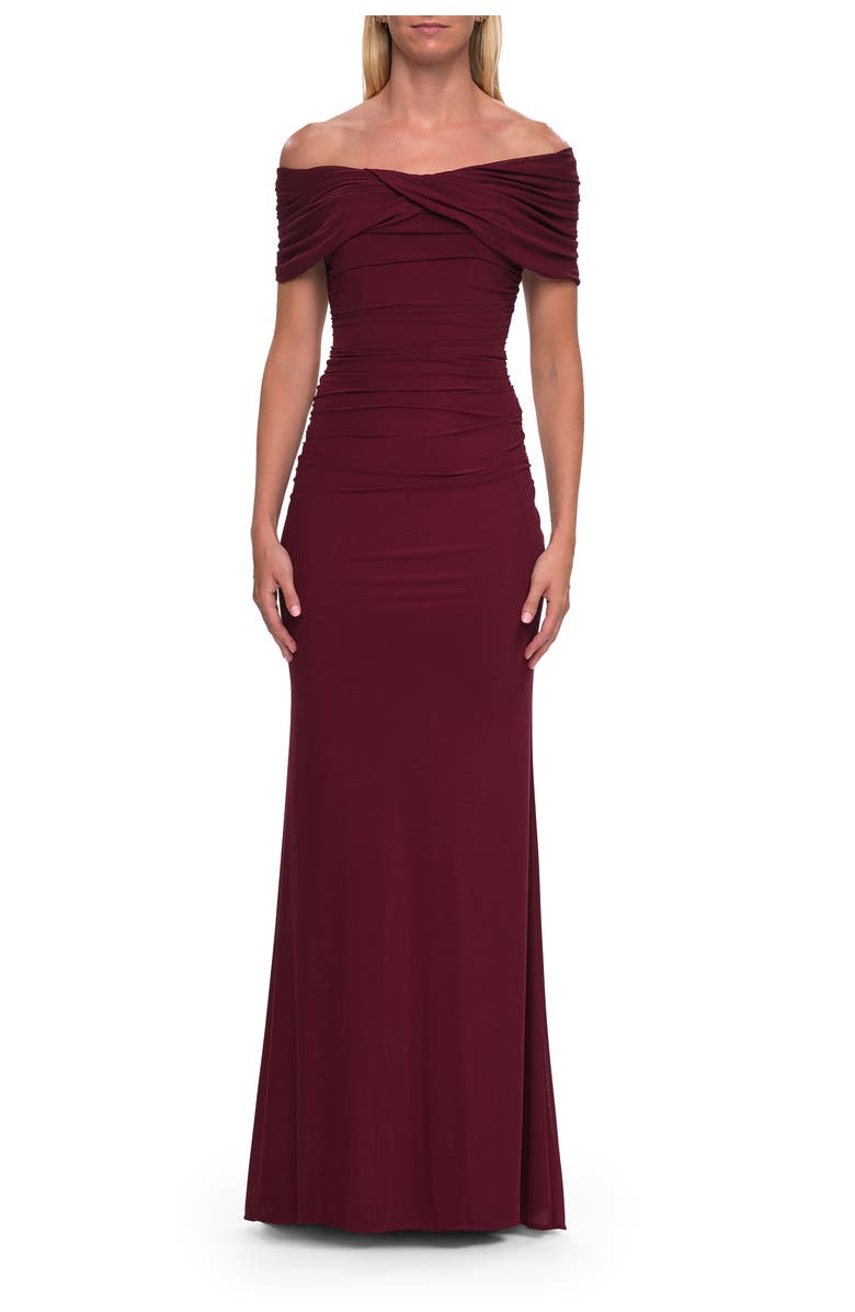La Femme Off-the-Shoulder Draped Jersey Gown, Main, color, Wine