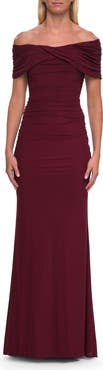 La Femme Off-the-Shoulder Draped Jersey Gown
