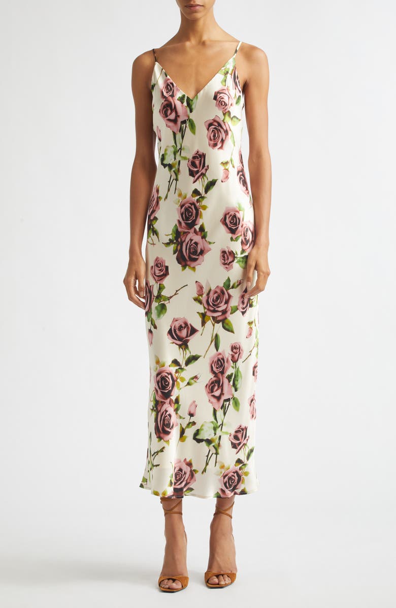 L'AGENCE Seridie Silk Midi Slipdress, Main, color, Ecru/ Mv Romantic Rose