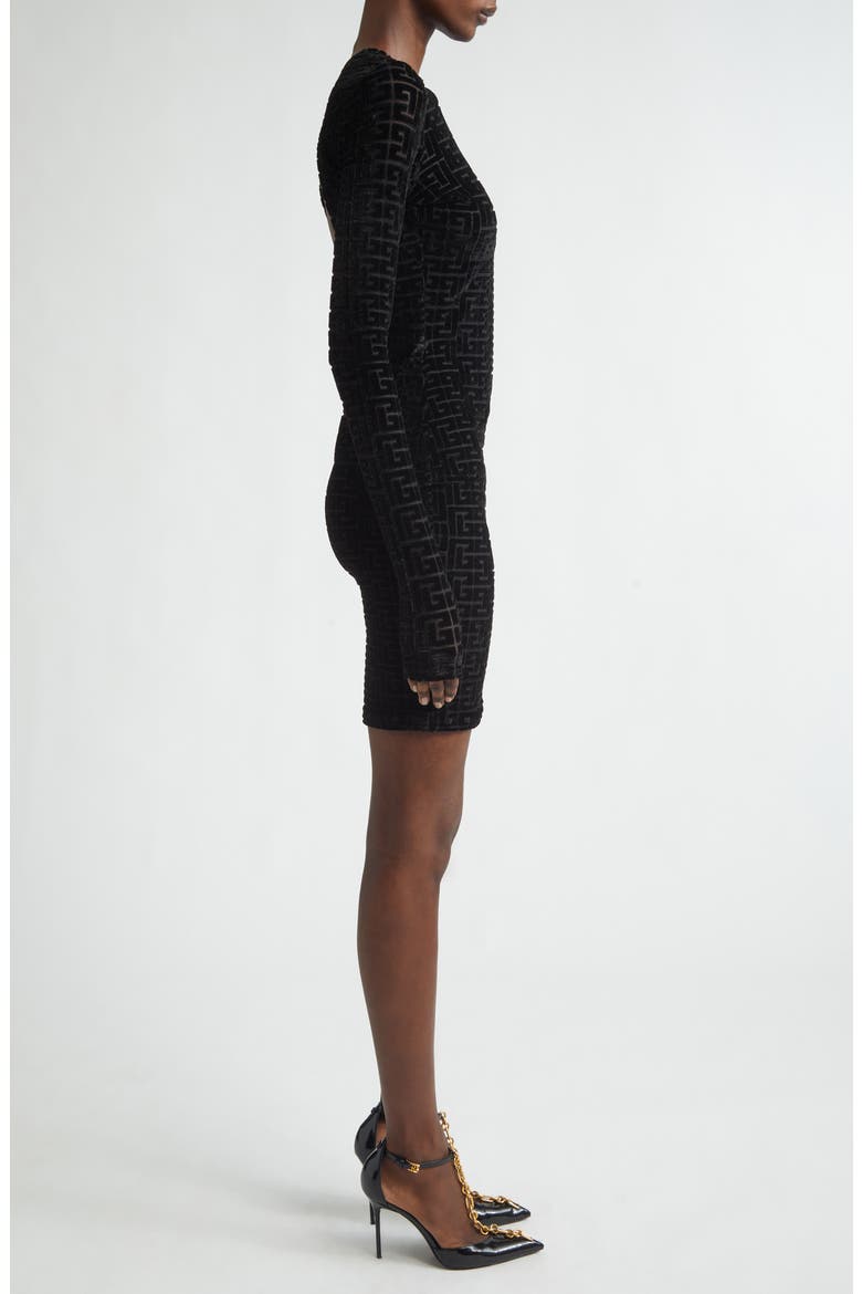 Monogram Jacquard Open Back Long Sleeve Devoré Velvet Body-Con Minidress, Alternate, color, BLACK/ BLACK