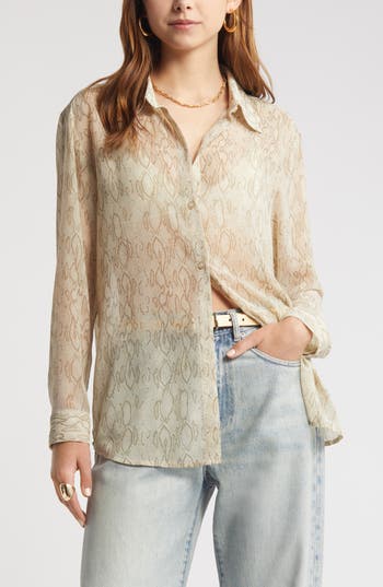 OPEN EDIT OPEN EDIT SHEER BUTTON-UP SHIRT
