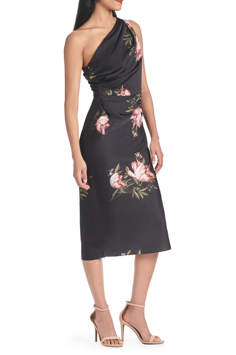 Carmen Floral One-Shoulder Midi Cocktail Dress, Alternate, color, NOIR BLOSSOM