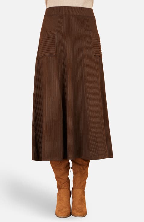 High Waist Ribbed Knit Midi Skirt