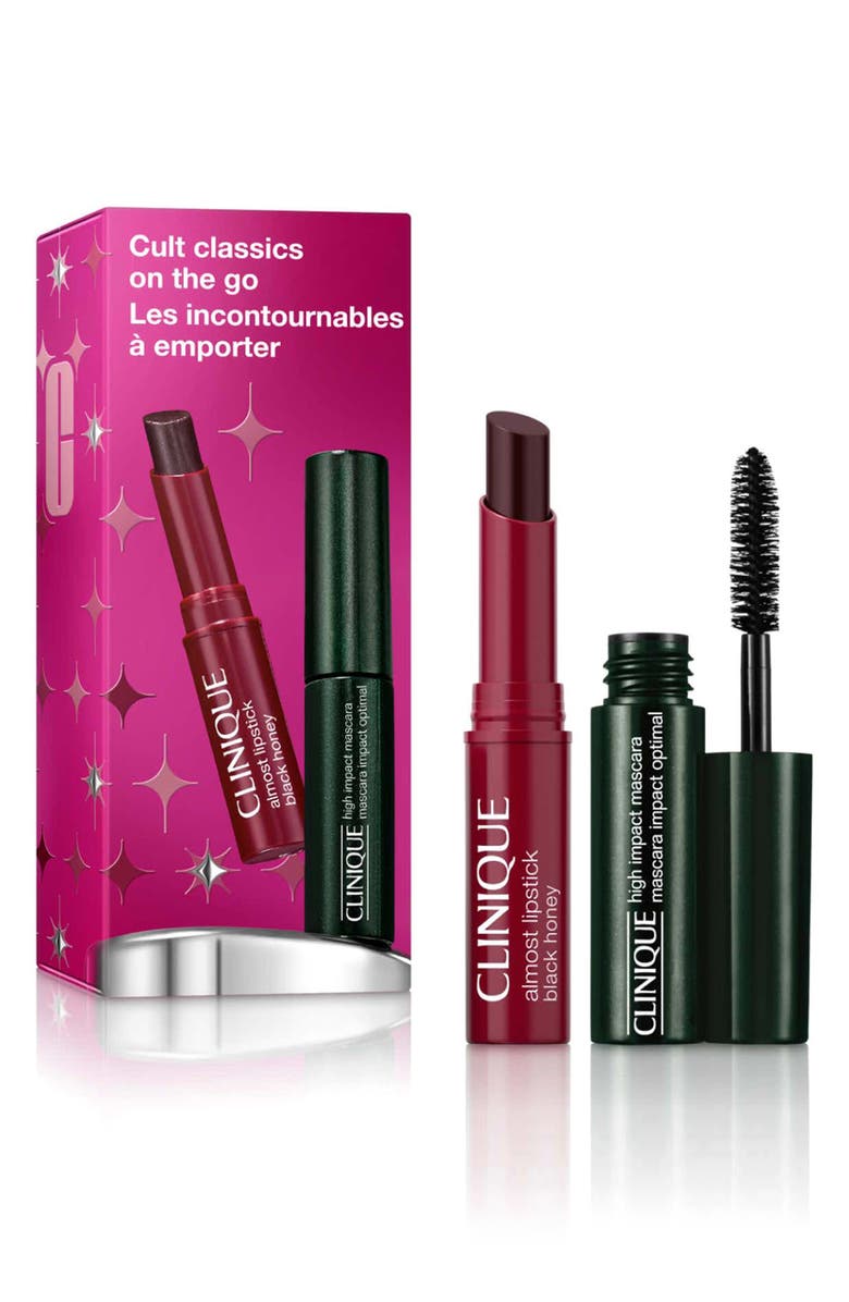 Clinique Cult Classics on the Go: High Impact Mascara + Black Honey Lip Mini Gift Set $29 Value, Main, color, 