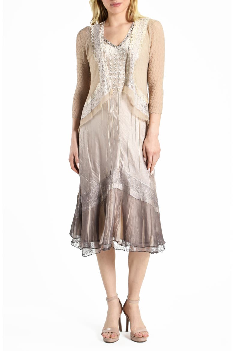 Beaded Charmeuse & Chiffon Tiered Dress with Jacket, Main, color, BEACH CAFE OMBRE